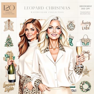Puede incluir: Ilustración digital en acuarela titulada "Leopard Christmas" con dos mujeres, champán y diseños navideños con estampado de leopardo. Incluye ilustraciones de un árbol de Navidad, regalos y un bolso. El texto de la imagen incluye "120 Premade Illustrations".