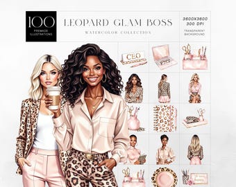 May include: A digital collection titled 100 LEOPARD GLAM BOSS WATERCOLOR COLLECTION featuring illustrations of two women, office supplies, and leopard print patterns in shades of pink, tan, and brown on a white background.