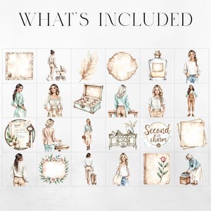 May include: Watercolor illustrations of various items and figures, including a woman with a stroller, a jewelry box, a perfume bottle, and a woman in overalls. The text "WHAT'S INCLUDED" is at the top, and "Second life charm" is in the image.
