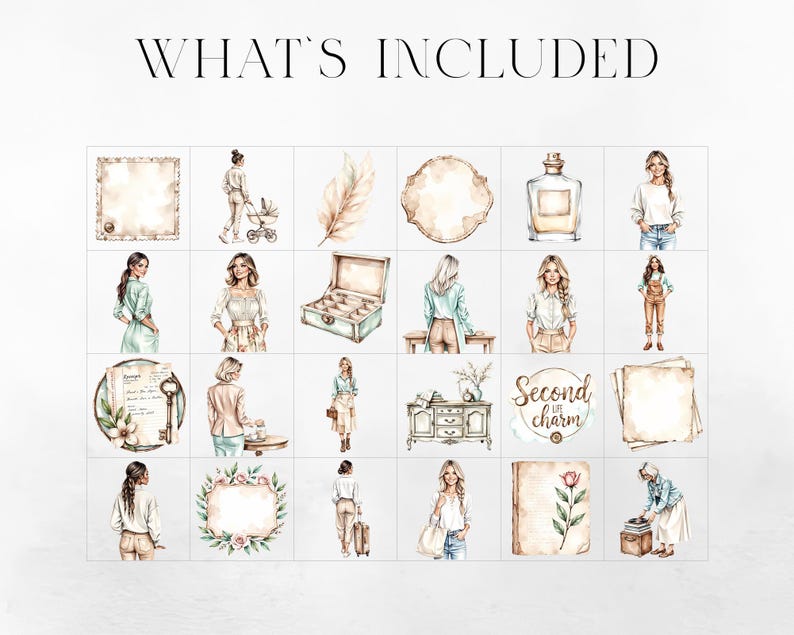 May include: Watercolor illustrations of various items and figures, including a woman with a stroller, a jewelry box, a perfume bottle, and a woman in overalls. The text "WHAT'S INCLUDED" is at the top, and "Second life charm" is in the image.