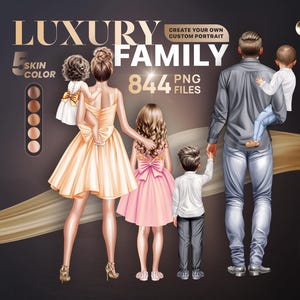 Criador de retratos de família de luxo personalizado, conjunto de clipart faça você mesmo, 844 arquivos PNG, 5 opções de tons de pele, kit de ilustração de família personalizado