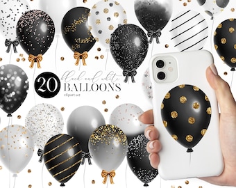 Conjunto de imágenes prediseñadas de globos en blanco y negro, diseños de confeti con purpurina (descarga digital)
