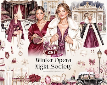 Winter Opera Night Society Watercolor Clipart, 230 Elegant Winter PNGs