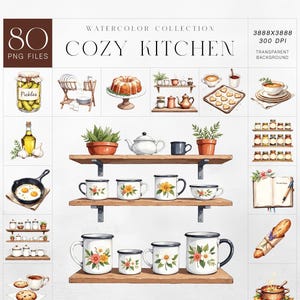 Cozinha aconchegante em aquarela PNG, 80 elementos rústicos para cozinha, canecas, prateleiras, ervas, alimentos e utensílios de cozinha, uso comercial
