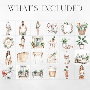 May include: Watercolor illustrations of various lifestyle elements, including people, plants, and objects. The phrase "WHAT'S INCLUDED" is at the top. The images are arranged in a grid, showcasing a variety of themes.