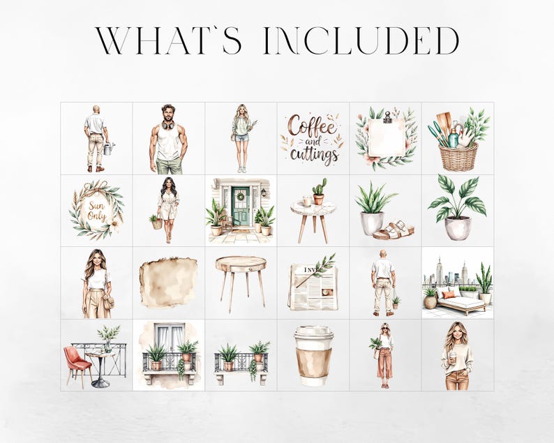 May include: Watercolor illustrations of various lifestyle elements, including people, plants, and objects. The phrase "WHAT'S INCLUDED" is at the top. The images are arranged in a grid, showcasing a variety of themes.
