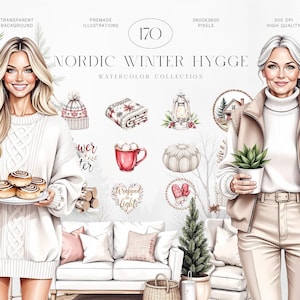 Nordic Winter Hygge Watercolor Clipart Set, 170 Scandinavian Christmas PNG Elements, Cozy Holiday, Rustic Winter, Commercial Use