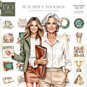 Puede incluir: Ilustraciones digitales en acuarela para profesores. La imagen presenta a dos mujeres, una rubia y otra con cabello gris, sosteniendo un portafolio de cuero marrón. La imagen incluye el texto "Teacher's Toolbox" y "150 Premade Illustrations".