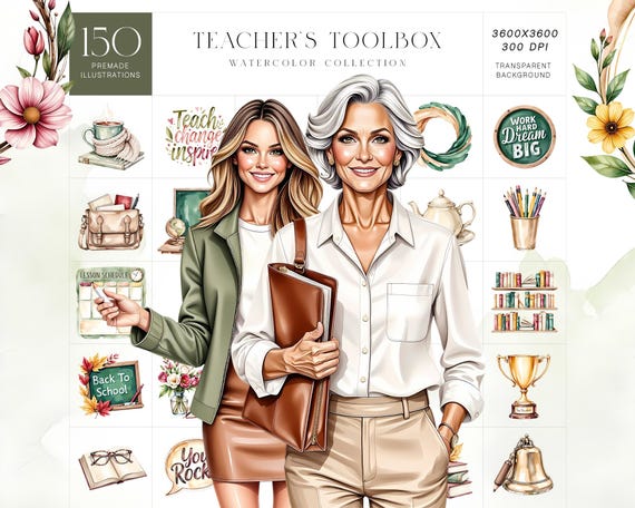 Teacher Clipart Kit, Back to School Classroom Watercolor Set
