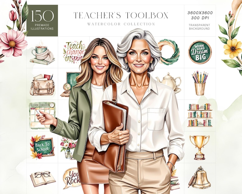 May include: Digital watercolor illustrations for teachers. The image features two women, one with blonde hair and the other with gray hair, holding a brown leather portfolio. The image includes the text "Teacher's Toolbox" and "150 Premade Illustrations".