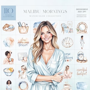 Ensemble de cliparts Malibu Mornings, fille confortable, routine matinale côtière, style de vie, citations, décoration bien-être, café et calme féminin, usage commercial