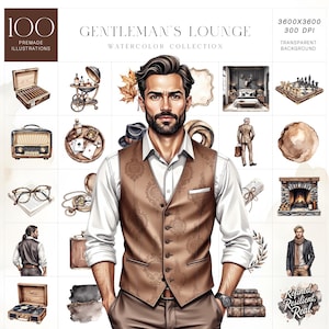 Gentleman’s Lounge Aquarell Clipart Set, 100 stilvolle männliche ästhetische Illustrationen, kommerzielle Nutzung