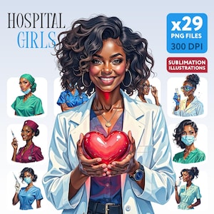 Conjunto de imágenes prediseñadas de chicas afro de hospital, doctora y enfermera PNG, personal médico sublimado, trabajador de la salud, descarga digital, arte de 300 dpi