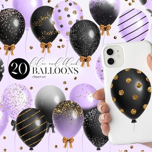 Clipart lila en zwarte ballonnen, 20 png-illustraties gouden glitterballon voor uitnodigingen, ontwerpen, scrapbooking en sublimatieprojecten