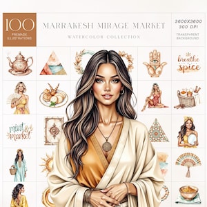 Marrakech Mirage Market clipartset, aquarel boho vrouw, exotische markt, woestijn chic, cultuur en warme tinten, commercieel gebruik
