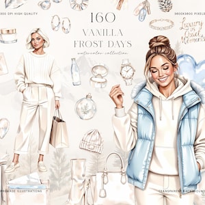 Puede incluir: Ilustración en acuarela con una colección de moda y accesorios de invierno. La imagen incluye una mujer con ropa blanca, una mujer con un chaleco azul y varios artículos como joyas, un reloj y bolsas de compras. El texto incluye "160 VANILLA FROST DAYS" y "Luxury in Quiet Moments."
