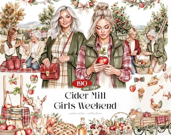 Cider Mill Girls Weekend Watercolor Clipart Bundle, 190 Autumn Apple PNGs