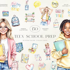以下が含まれることがあります： ティーンスクール準備のための水彩イラスト。学校用品、バックパック、ランチボックスが描かれています。画像には、「First Day Fit」、「Vibes」、「Let's Go！」などのテキストが、カラフルで芸術的なスタイルで含まれています。