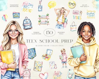 Watercolor School Clipart Set, Back to School PNG Illustrations, Teacher and Student Art
