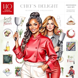 Può includere: Raccolta di illustrazioni digitali ad acquerello intitolata "Chef's Delight". L'immagine presenta due donne, una con un cappotto da chef rosso e l'altra con una giacca grigia, che tengono utensili da cucina. La collezione include 140 illustrazioni predefinite con sfondo trasparente.