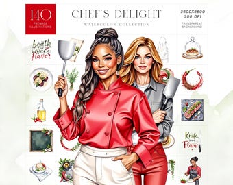 Chef Clipart Kit, Culinary Watercolor Cooking Set