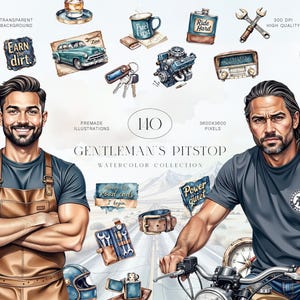 Puede incluir: Ilustraciones en acuarela con el tema "Gentleman's Pitstop". La imagen incluye un hombre con delantal, un hombre en moto y varios objetos de estilo vintage como un coche, herramientas y una radio. El texto incluye "Earn the dirt" y "Fuel First".