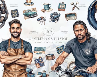Kit di clipart per officina meccanica, set di acquerelli per auto e moto d'epoca