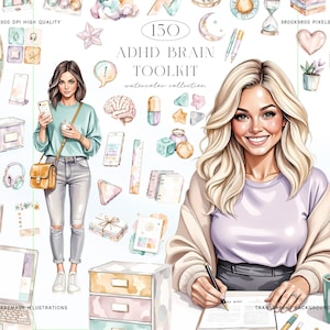 Pode incluir: Uma coleção digital intitulada 150 ADHD BRAIN TOOLKIT watercolor collection apresentando ilustrações de duas mulheres, um laptop, um organizador de mesa, uma caneca de café, um cérebro, um smartphone, fones de ouvido, um caderno e vários ícones em tons pastel.