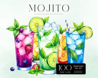 Mojito Clipart Bundle, Watercolor Cocktail PNG Files (Commercial Use)