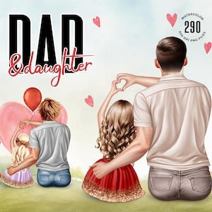 Pai e filha aquarela clipart, criador de retratos personalizáveis de pai e filha, 290 arquivos PNG, uso comercial, download instantâneo
