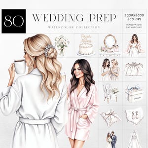 Hochzeit Prep Aquarell Clipart Bundle, Brautjungfer Brautparty Dekor, Braut immer bereit PNG-Set, kommerzielle Nutzung