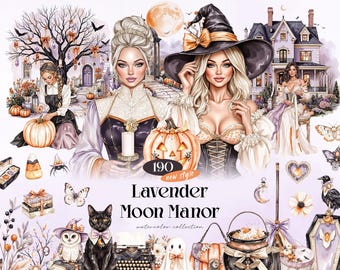 Lavender Moon Manor Witch Clipart Bundle, 190 Watercolor Halloween PNGs