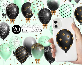 Imágenes prediseñadas de globos negros y menta, diseños de confeti con purpurina (descarga digital)
