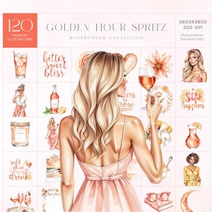 Conjunto de clipart Golden Hour Spritz – PNGs de garotas de verão em aquarela com coquetéis, frutas cítricas, citações e vibrações de estilo de vida do pôr do sol, uso comercial