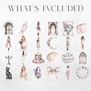 Puede incluir: Una colecci&oacute;n de ilustraciones en acuarela con varios elementos. Incluye im&aacute;genes de una puerta, una mano con una pulsera, figuras, una luna, una corona, un gato, un lazo y los textos "Sacred Shadows" y "What's Included".