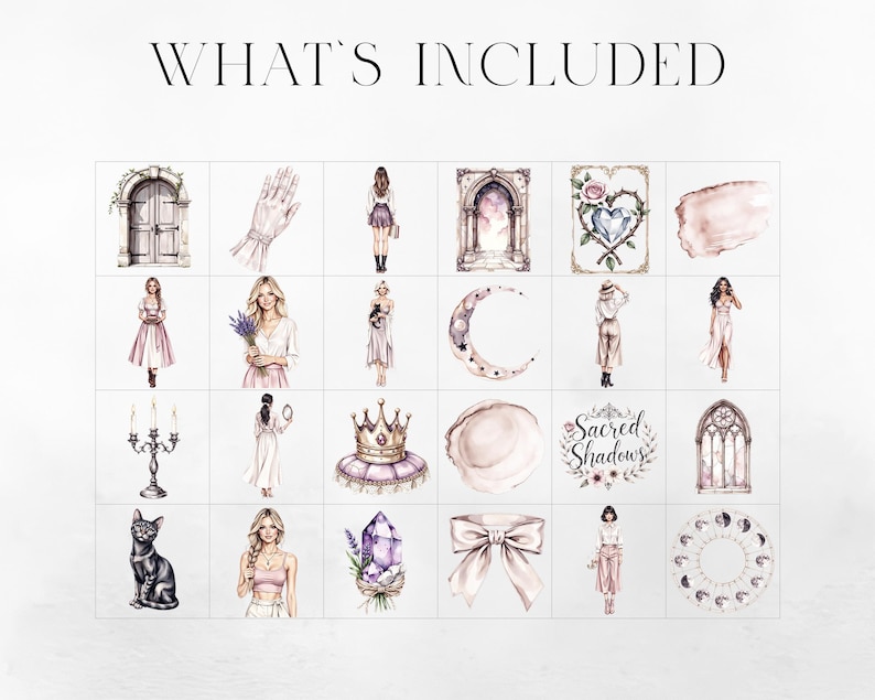 Puede incluir: Una colecci&oacute;n de ilustraciones en acuarela con varios elementos. Incluye im&aacute;genes de una puerta, una mano con una pulsera, figuras, una luna, una corona, un gato, un lazo y los textos "Sacred Shadows" y "What's Included".