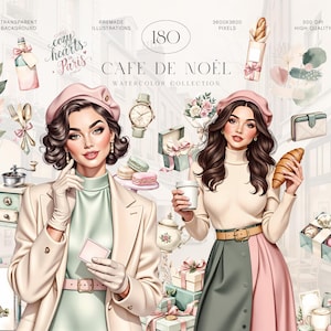 May include: Watercolor illustration titled "Cafe De Noel" featuring two women in vintage Parisian attire. The image includes various cafe-themed elements like croissants, coffee, macarons, and gift boxes, all in a soft, pastel color palette. The background includes the Eiffel Tower.