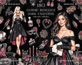 Gothic Romance Dark Valentine Watercolor Clipart Set, Luxury Gothic Love Illustration Bundle