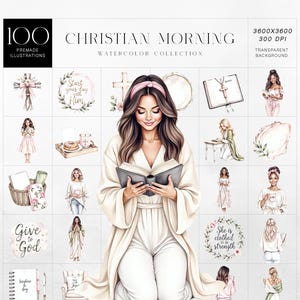 Christian Morning aquarel clipart, Faith Girl illustraties, Bijbelstudie PNG, Prayer Journal Art sublimatie, commercieel gebruik