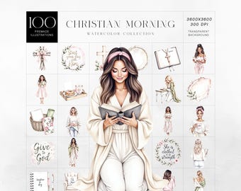 Christian Morning Watercolor Clipart, Faith Girl Illustrations, Bible Study PNG, Prayer Journal Art Sublimation, Commercial Use