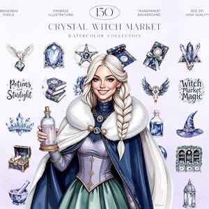 May include: Watercolor illustration of a woman with blonde hair and a blue cape, surrounded by mystical elements. The image includes illustrations of crystals, books, potions, and the text "Crystal Witch Market". The overall theme is fantasy and magic.