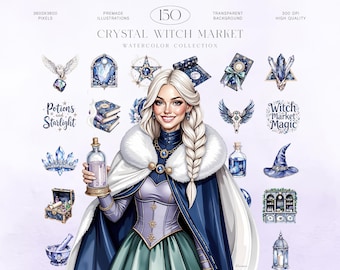 May include: Watercolor illustration of a woman with blonde hair and a blue cape, surrounded by mystical elements. The image includes illustrations of crystals, books, potions, and the text "Crystal Witch Market". The overall theme is fantasy and magic.