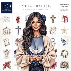 May include: A digital watercolor collection titled "Faith & Devotion" with 150 premade illustrations. The image shows a woman holding a dove, surrounded by religious and festive illustrations, including crosses, stars, and a nativity scene. The text "Peace on Earth" is also visible.