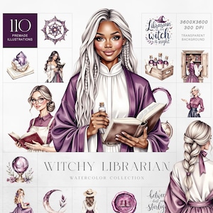Aquarell Witchy Academia Clipart Set, Magische Frau, Witchy Bibliothekarin, Bücher, Zaubertränke, Kristalle und Zauberelemente, kommerzielle Nutzung