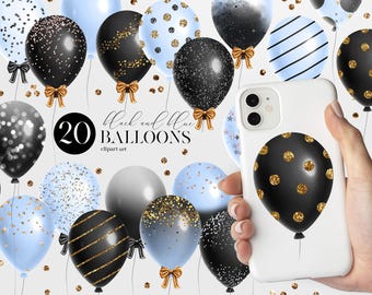 Conjunto de imágenes prediseñadas de globos negros y azules, diseños de confeti con purpurina (descarga digital)