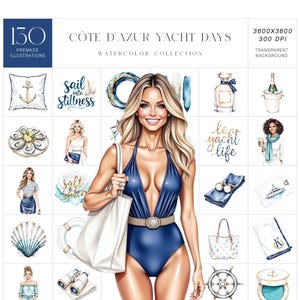 Ensemble de cliparts Côte d'Azur Yacht Days, aquarelles Riviera Girls, éléments marins, accessoires de mode et ambiance côtière élégante, usage commercial