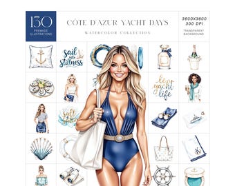 Côte d’Azur Watercolor Clipart Set with Riviera Yacht Girls and Luxury Summer Illustrations