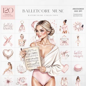 Conjunto de imágenes prediseñadas de musas de balletcore: chica suave de acuarela con tonos ruborizados, estética inspirada en la danza, romance, gracia y calma femenina, uso comercial.