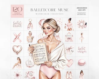 Ballerina Clipart Kit, Balletcore Watercolor PNG Set