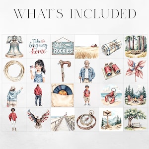 May include: Watercolor illustrations of various Americana themes, including a bell, a sign that says "Welcome to the Rockies", a girl holding a flag, a compass, a lighthouse, and a bald eagle. The text "WHAT'S INCLUDED" is at the top.